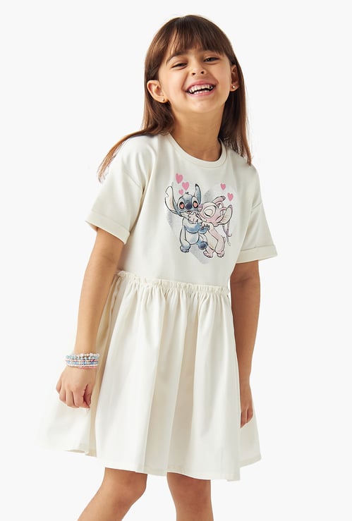 Juniors Stitch and Angel Print Dress with Short Sleeves
