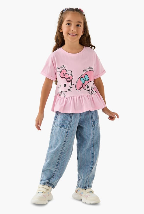 Juniors Hello Kitty Print Peplum Top and Jeans Set