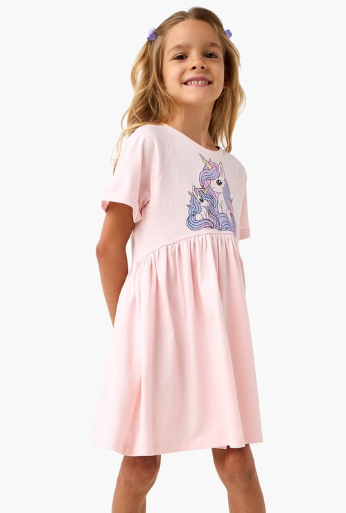 Juniors Unicorn Print A-Line Dress with Short Sleeves