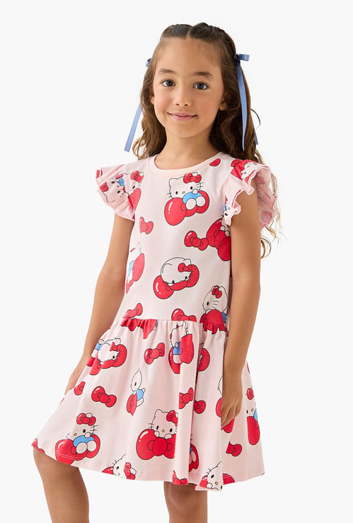 Hello Kitty Print A-Line Dress with Ruffle Sleeves