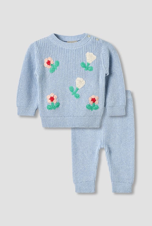 Juniors Floral Embroidered Sweater with Pants Set
