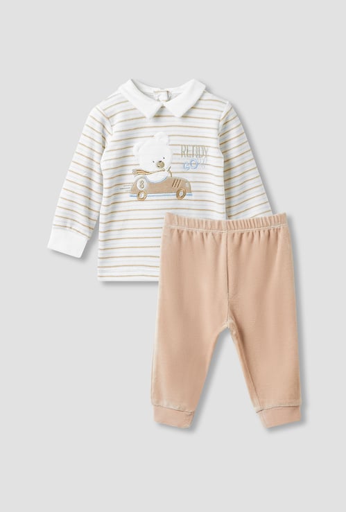 Juniors Bear Applique Collared T-shirt and Pyjama Set