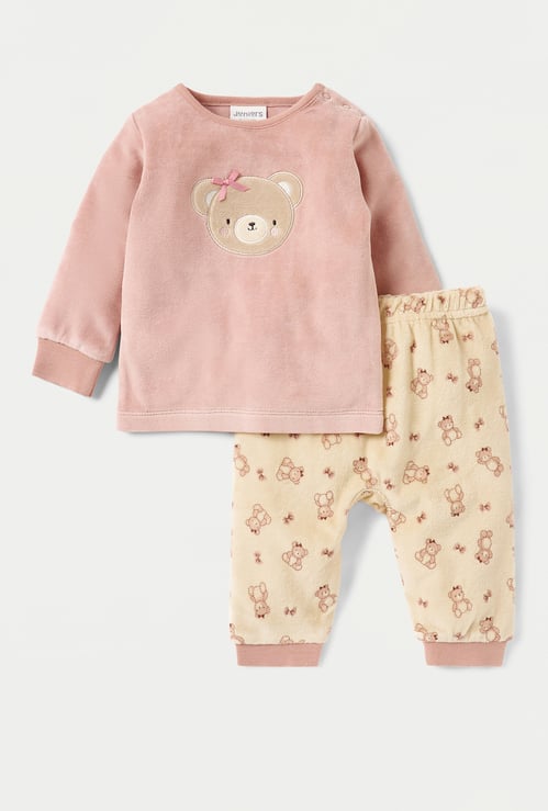 Juniors Bear Applique Velour T-shirt and Pyjama Set