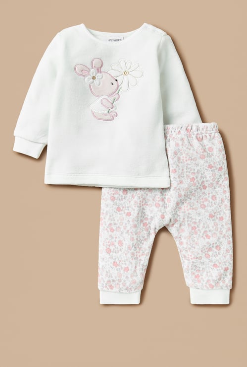Juniors Bunny Applique Velour T-shirt and Pyjama Set