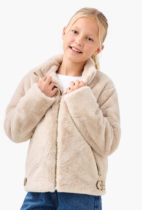 Juniors Plush Zip Through Jacket with Long Sleeves