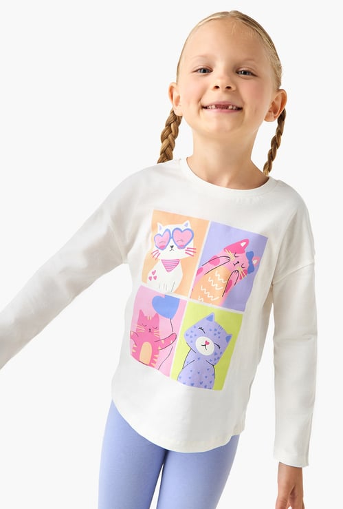 Juniors Cat Print T-shirt with Long Sleeves