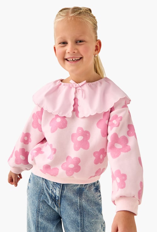 Juniors Floral Print Sweatshirt with Peter Pan Collar