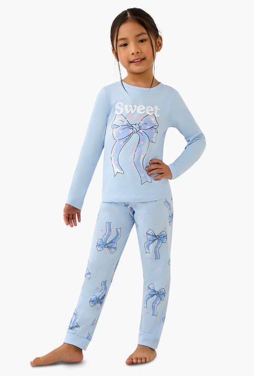 Juniors Bow Print T-shirt with Joggers Set