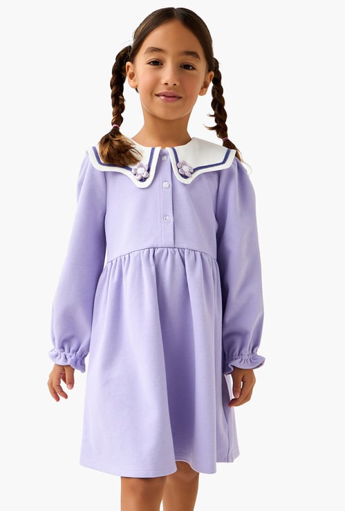 Juniors Floral Applique A-line Dress with Sailor Collar