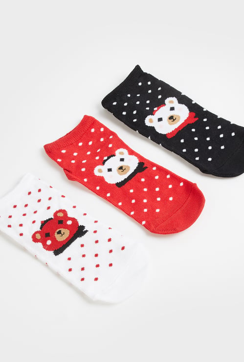 Juniors Teddy Bear Print Ankle Length Socks - Set of 3