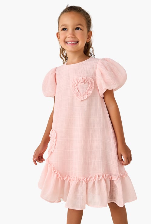 Juniors Heart Applique Dress with Balloon Sleeves