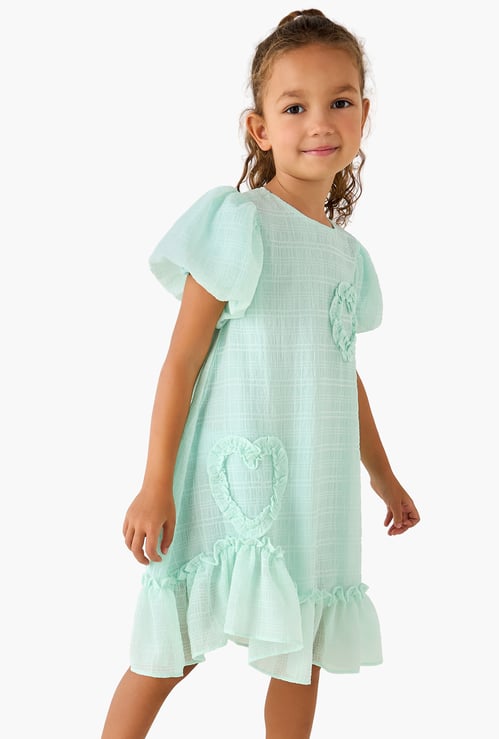 Juniors Heart Applique Dress with Balloon Sleeves