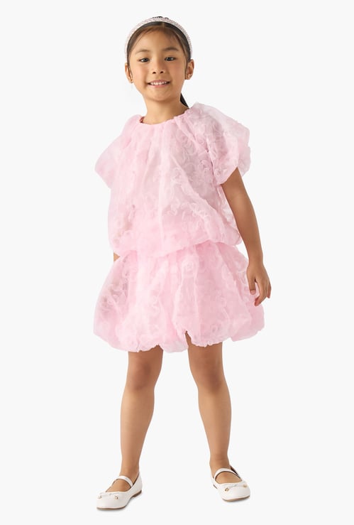 Juniors Floral Textured Balloon Top and Skirt Set