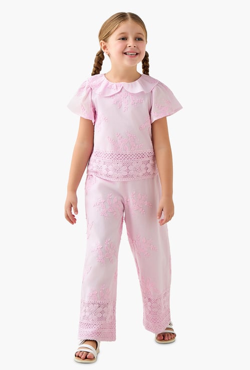 Juniors Floral Embroidered Top and Pants Set