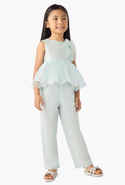 Juniors Floral Applique Peplum Top and Pants Set