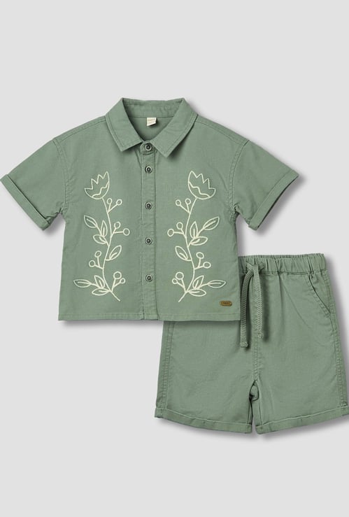 Giggles Floral Embroidered Shirt and Shorts Set