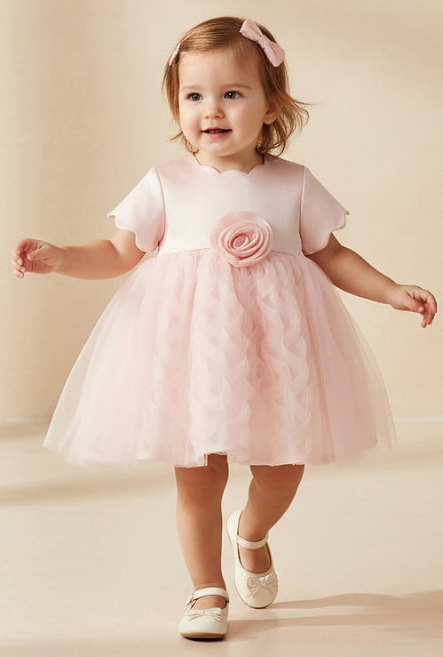 Juniors Flower Applique Dress with Scalloped Neck