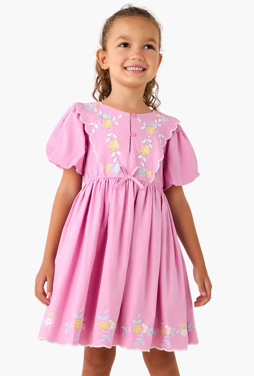 Juniors Floral Embroidered Dress with Button Placket