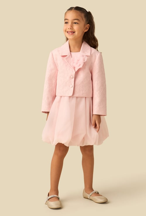 Juniors Balloon Dress with Floral Textured Blazer