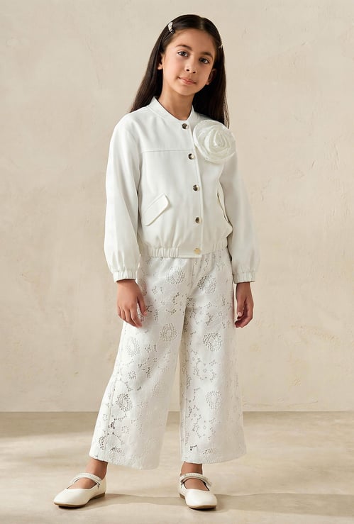 Juniors Flower Applique Jacket and Pants Set with Lace Detail