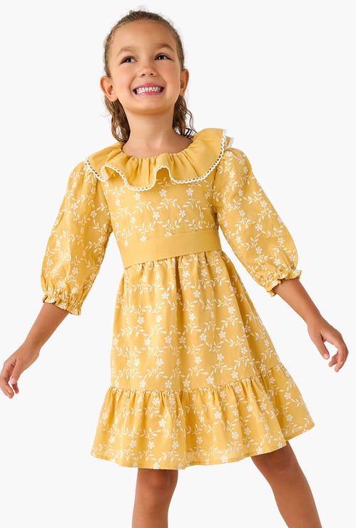 Juniors Floral Embroidered Dress with Tie-Up Belt