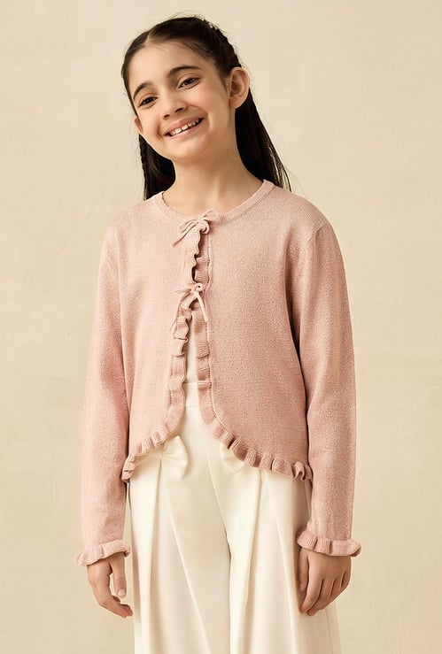 Juniors Ruffle Detail Cardigan with Long Sleeves