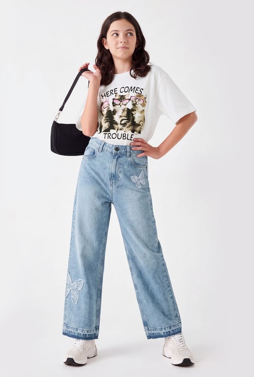 Juniors Embroidered Relaxed Fit Jeans