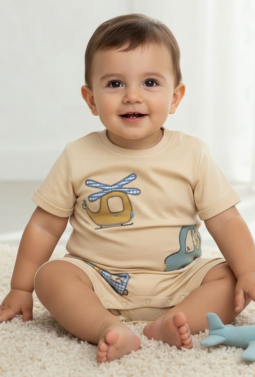 Juniors Vehicle Embroidered Romper with Button Closure