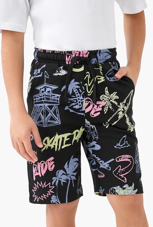 Juniors Graphic Print Shorts with Drawstring Waistband