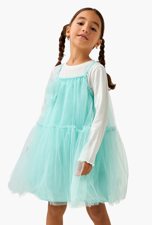 Juniors Floral Applique Dress with T-shirt Set