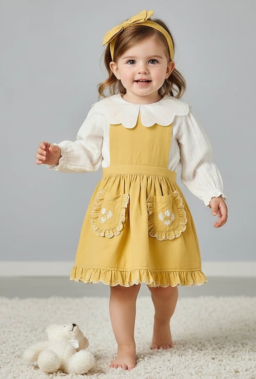 Giggles Embroidered Pinafore Dress and Top Set with Headband