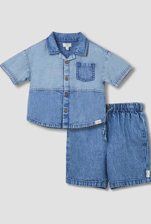 Juniors Denim Collared Shirt and Shorts Set