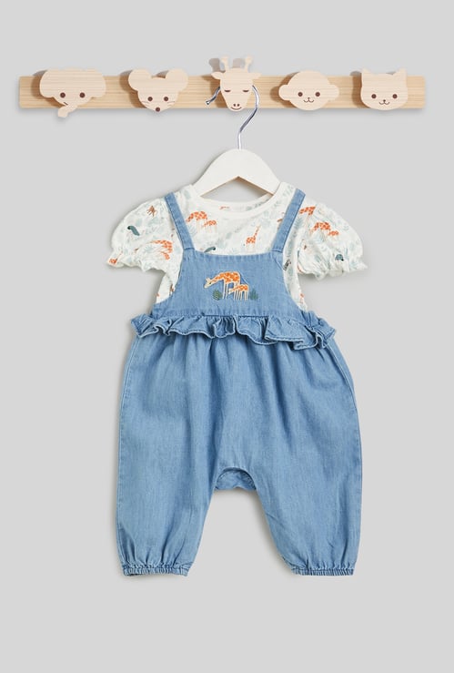 Juniors Embroidered Dungaree and T-shirt Set
