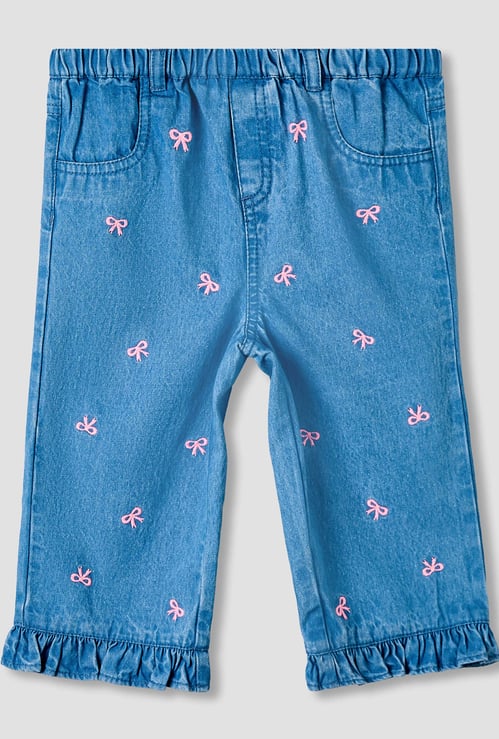 Juniors Bow Embroidered Jeans with Elasticated Waist