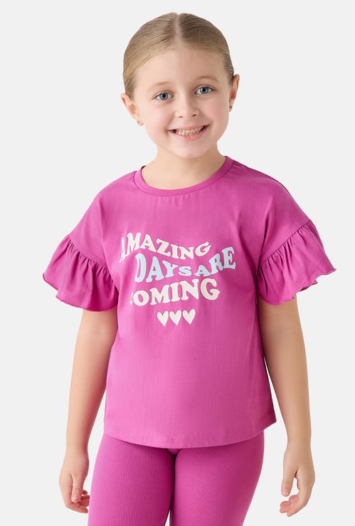 Juniors Slogan Print Ruffle Sleeves T-shirt