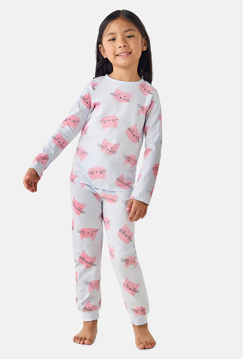 Juniors Cat Print Long Sleeves T-shirt and Pyjama Set