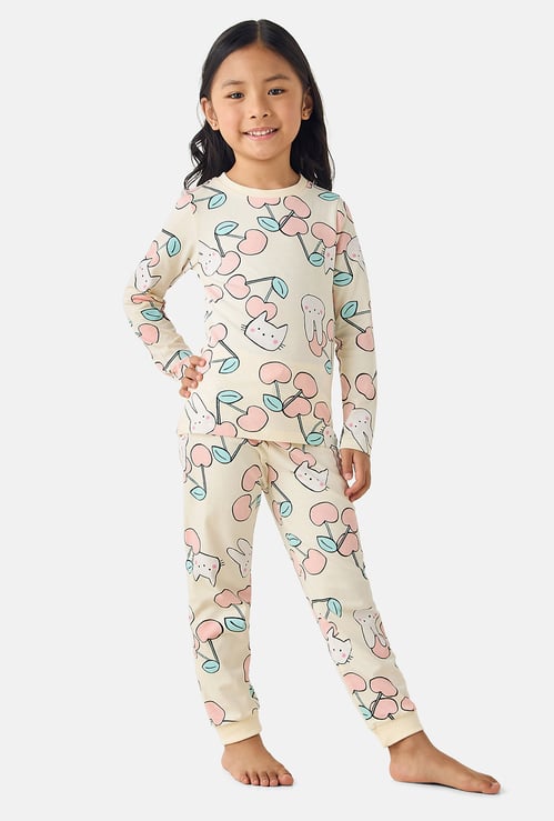 Juniors Cherry Print Long Sleeves T-shirt and Pyjama Set