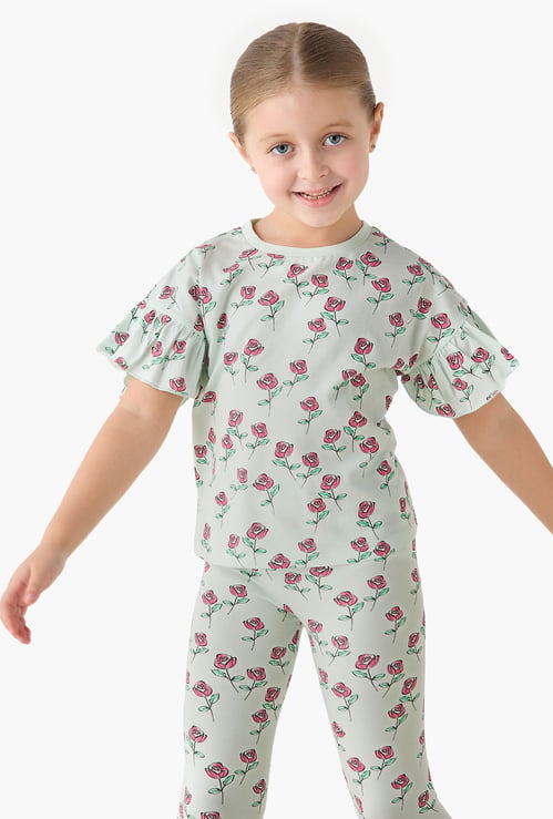 Juniors Floral Print T-shirt with Ruffle Sleeves