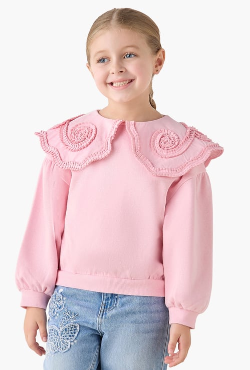 Juniors Ruffle Overlay Sweatshirt with Button Closure