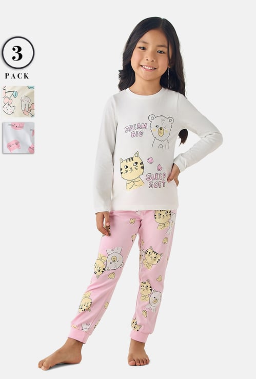 Juniors Graphic Printed Long Sleeves T-shirt and Pyjama - Set of 3