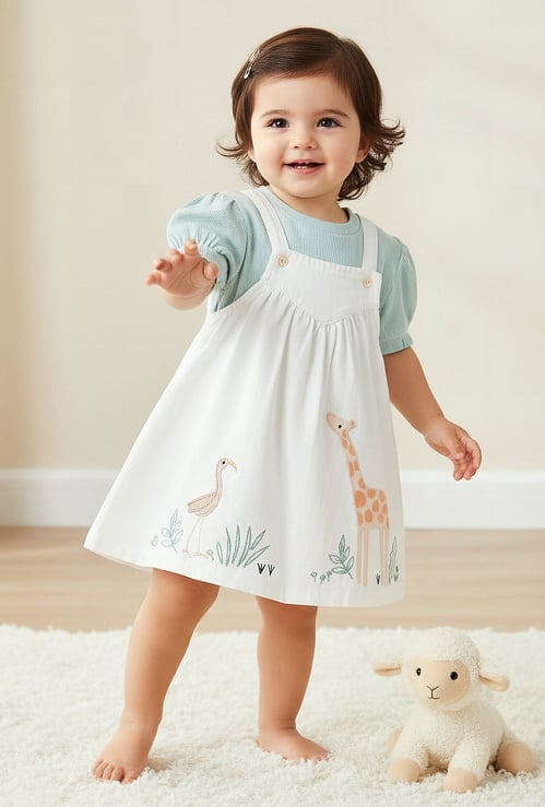 Juniors Embroidered Pinafore Dress and Top Set