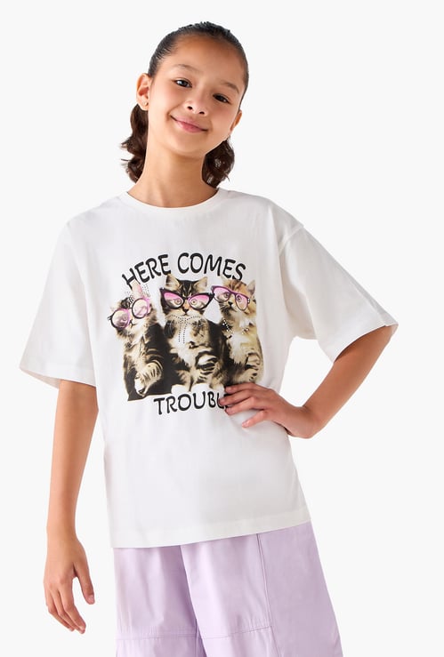 Juniors Cat Print T-shirt