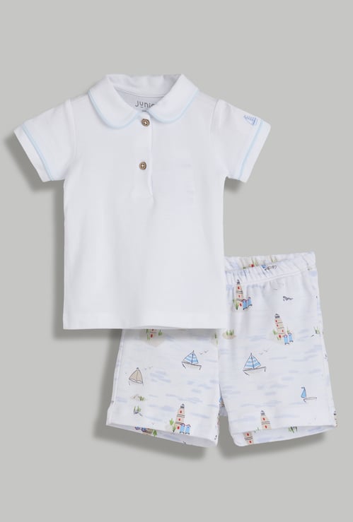Juniors Solid Polo & Printed Shorts Set
