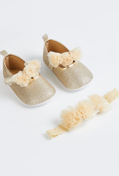 Juniors Floral Applique Shoes And Headband Set
