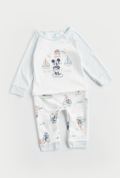 Mickey Mouse Print Sleepsuit with Button Closure