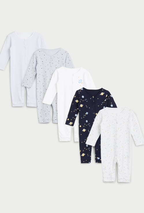 Juniors Space Print Sleepsuit with Button Closure - Set of 5