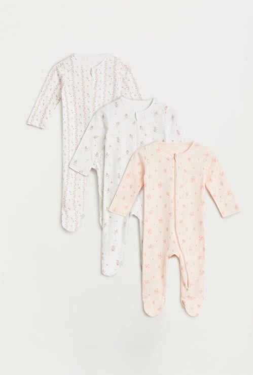 Juniors Floral Print Sleepsuit with Zip Closure - Pack for 3