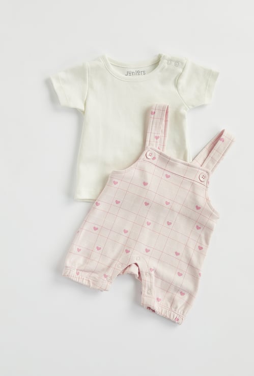 Juniors Heart Print T-shirt and Dungaree Set