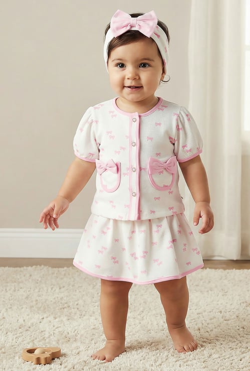 Juniors Bow Print Top and Skirt Set with Headband