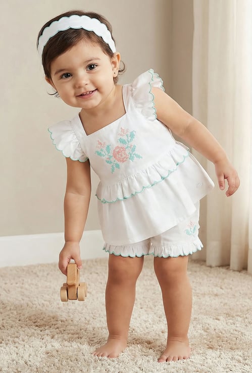 Giggles Embroidered Top and Shorts Set with Headband